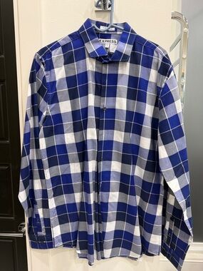 Express Men’s Blue and White Check Button-Down Shirt